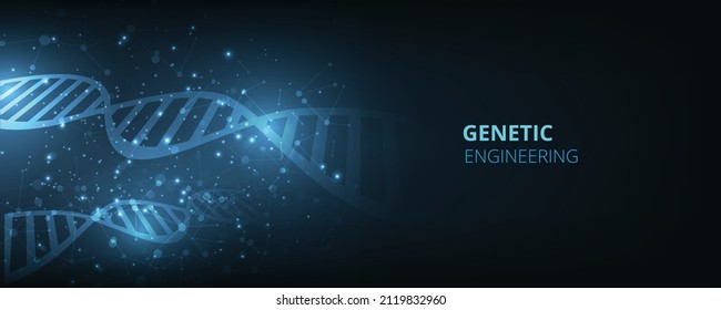  Moderner genetischer Hintergrund.Darstellung der Innovation in Form einer DNA-Doppelhelix auf dunkelblauem Hintergrund. Banner-Konzept für Medizin und Gesundheitswesen. Vektorgrafik.