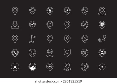 Modern Geolocation and Navigation Icon Set. GPS Pins, Map Markers, Routes, Travel and Location Symbols