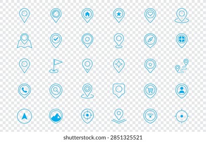 Modern Geolocation and Navigation Icon Set. GPS Pins, Map Markers, Routes, Travel and Location Symbols