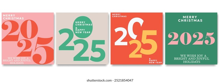 Modern geometric 2025 holiday greeting card collection with minimalist typography logo 2025 for celebration and season decoration, branding, banner, cover, card. 