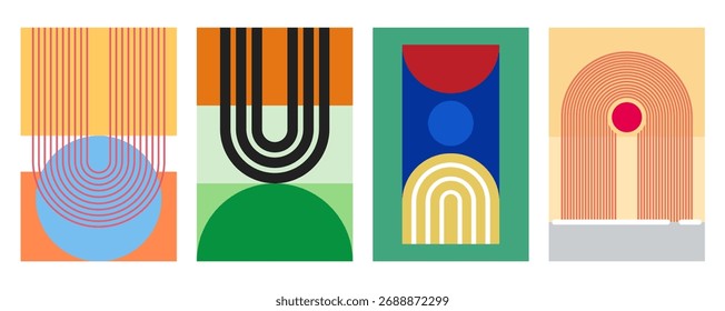 Pôster de arco geométrico abstrato moderno com formas negrito e paleta de cores retro