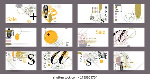 Modern geometric abstract background covers set; Concseptual original artistic bright set of postcards. Cool gradient shapes