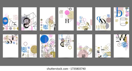 Modern geometric abstract background covers set; Concseptual original artistic bright set of postcards. Cool gradient shapes