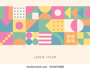 Modern geometric abstract background covers. Pastel colored circular, triangular, geometric pattern tiles.