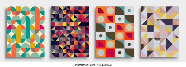 Fundas de fondo abstractas geométricas modernas. Composición de formas de gradiente frío, diseño de cubiertas vectoriales.