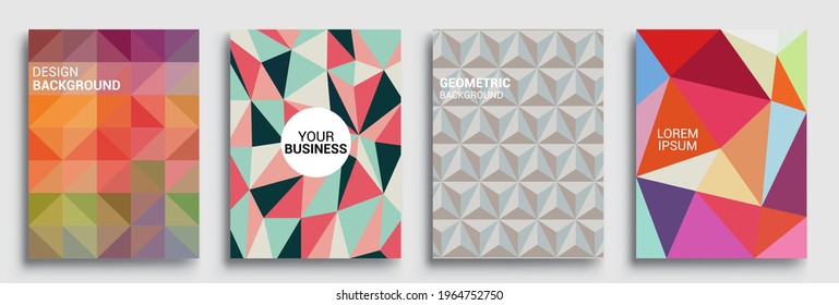 Modern geometric abstract background covers set. Colorful geometric background, set of A4 cover. Header design for flyer, book, info banner frame, title sheet. Modern design.