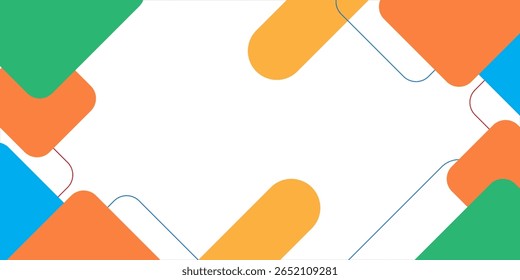 Modern geometric abstract background with overlapping rounded rectangles in vibrant orange, blue, and green tones
