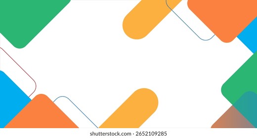 Modern geometric abstract background with overlapping rounded rectangles in vibrant orange, blue, and green tones