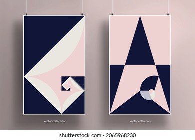 Colección de plantillas de afiches de fondo abstracto geométrico moderno. Las formas geométricas de color frío con la composición de la relación dorada. Paquete de dos ilustraciones vectoriales.