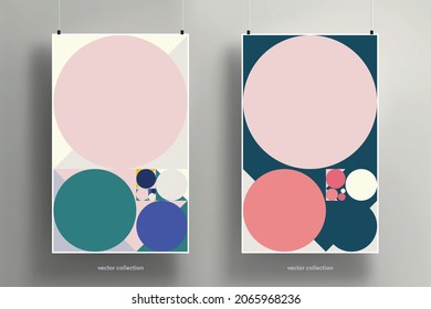 Moderne, geometrische abstrakte Hintergrundeposter-Vorlagensammlung. Farbige geometrische Formen mit goldener Quotientenzusammensetzung. Paket mit zwei Vektorgrafiken.