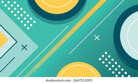 Fundo abstrato geométrico moderno com formas coloridas vibrantes, linhas, círculos e pontos em tons de azul, amarelo e azul, perfeito para o design criativo.