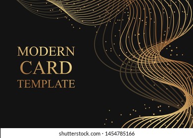 Modern geometric abstract card template for business or presentation with golden wavy lines on a black background.