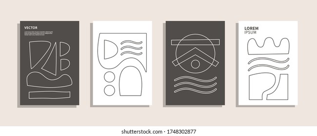 Modern geometric abstract covers templates set, linear art shapes. Minimal monochrome brochure, flyer, poster background composition. Vector illustration. Venetian style bold design.