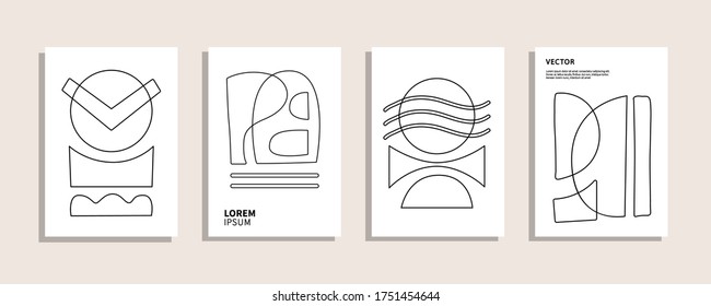 Modern geometric abstract covers templates set, linear art shapes. Minimal monochrome brochure, flyer, poster background composition. Vector illustration. Venetian style bold design.