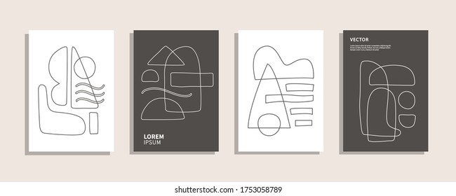 Modern geometric abstract covers templates set, linear art shapes. Minimal monochrome brochure, flyer, poster background composition. Vector illustration. 