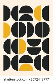 Modern geometric abstract design featuring black and yellow semicircles arranged in a grid pattern on a beige background. Minimalist and stylish, perfect for decor or branding purposes.
