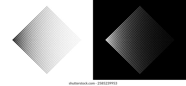 Modern geometric abstract illustration with rhombus composed of many small rhombuses. Halftone design effect. Black shape on a white background and the same white shape on the black side.