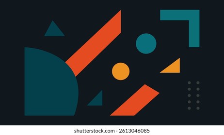 Modern Geometric Abstract on Dark Background. A modern abstract composition featuring colorful geometric shapes circles, triangles, rectangles, and semi-circles on a dark background