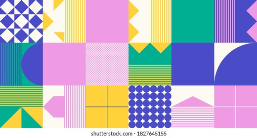 Modern geometric abstract pattern design with simple geometrical shapes and basic colorful forms. Great for use in poster arts, web design, branding presentation, album print, fashion texture and etc.