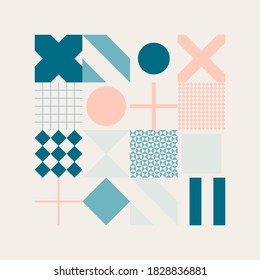 Modern geometric abstract pattern design with simple geometrical shapes and basic colorful forms. Great for use in poster arts, web design, branding presentation, album print, fashion texture and etc.