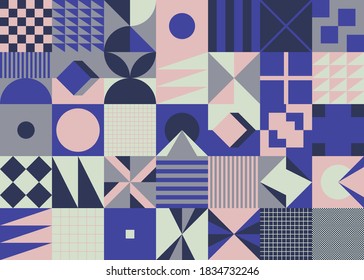 Modern geometric abstract pattern design with simple geometrical shapes and basic colorful forms. Great for use in poster arts, web design, branding presentation, album print, fashion texture and etc.