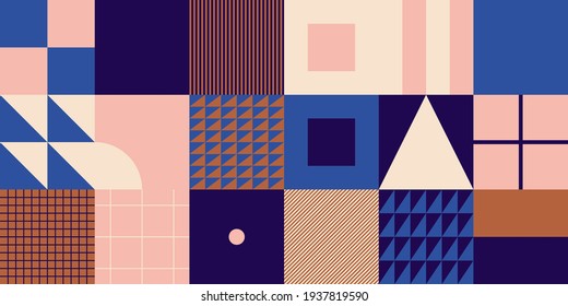 Modern geometric abstract pattern design with simple geometrical shapes and basic colorful forms. Great for use in poster arts, web design, branding presentation, album print, fashion texture and etc.