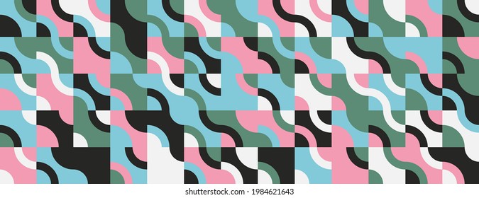 Modern geometric abstract pattern design with simple geometrical shapes and basic colorful forms. Great for use in poster arts, web design, branding presentation, album print, fashion texture and etc.