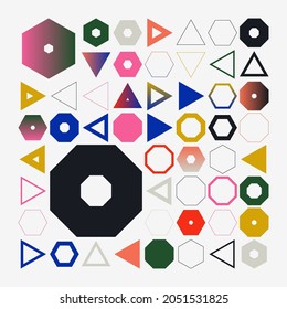 Modern geometric abstract pattern design with simple geometrical shapes and basic colorful forms. Great for use in poster arts, web design, branding presentation, album print, fashion texture and etc.