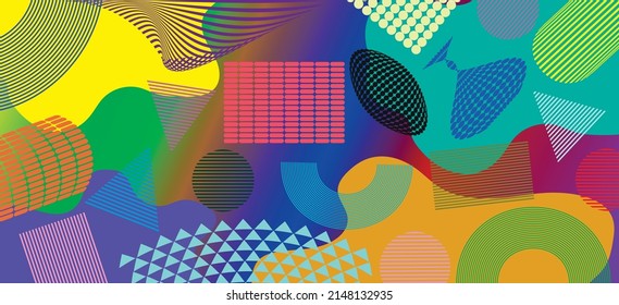 Modern geometric abstract pattern with simple geometric shapes and basic colorful shapes. Great for use in posters, web design, brand presentations, album printing, fashion textures and more. 