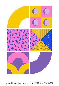 Afiche, volante, portada, tarjeta geométrica y abstracta moderna. Diseño inspirado en Memphis. Vintage retro. 80, 90. Mosaico contemporáneo, baldosas lúdicas.