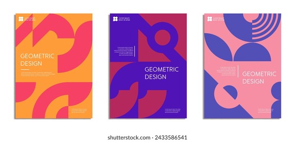 Moderne geometrische abstrakte Präsentationsplakate mit farbgrafischen Mustern. Vektor-Kreise, Quadrate und Dreiecke minimalistische Kompositionen gesetzt. Trendy einfache Formen und Figuren Grid Banner