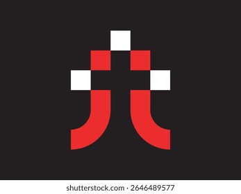 Modern Geometric Abstract Red and White Pixel Art Illustration on Black