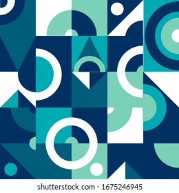 Modern geometric abstract seamless pattern in vector design in blue marine colours. Creative, unusual graphic composition of shapes.