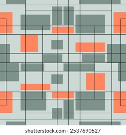 Modern geometric abstract seamless pattern. Contrasting black grid and overlapping green and orange rectangles on a gray background.