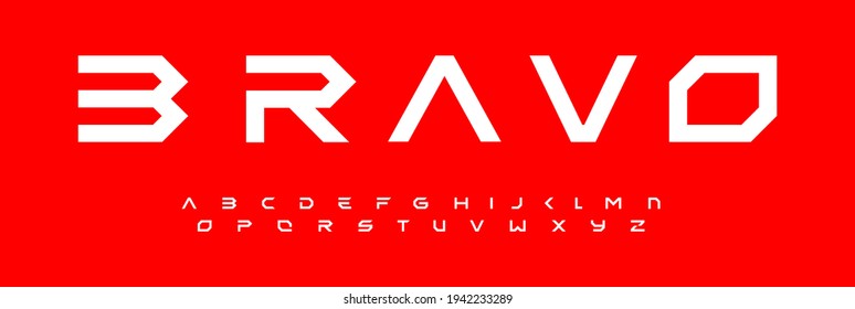 Modern geometric alphabet, modular font design, extended futuristic letters. Typeset for branding, headline, title, logo. Minimal design of technology, space, science, gui, ui, sci-fi cinema cover.