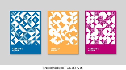 Modern geometric art background. Abstract circle, triangle and square pattern. Trendy bauhaus poster set. Vector illustration