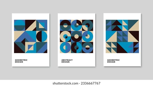 Modern geometric art background. Abstract circle, triangle and square pattern. Trendy bauhaus poster set. Vector illustration