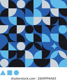 Modern geometric art with colorful abstract patterns in shades of blue, yellow, and gray. Symmetrical and minimalist design, perfect for decoration, prints, and vibrant contemporary backgrounds.