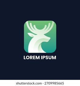 Um logotipo moderno, geométrico e artístico com uma silhueta de cervo branco ou cabeça de veado com grandes galhadas. A cabeça é definida dentro de uma forma de ícone de aplicativo quadrado arredondado.