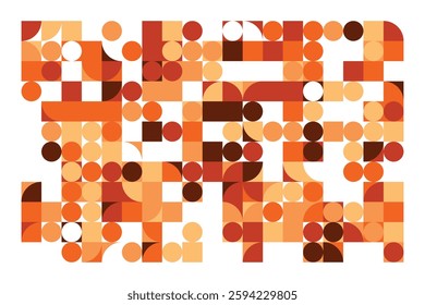 A modern geometric artwork with circles, squares, and curved shapes in warm orange, beige, and brown hues. The structured yet dynamic composition creates a sense of movement and balance.