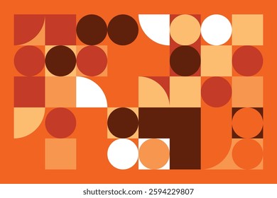 A modern geometric artwork with circles, squares, and curved shapes in warm orange, beige, and brown hues. The structured yet dynamic composition creates a sense of movement and balance.