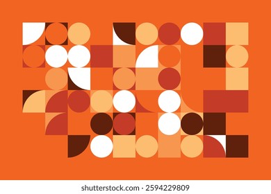 A modern geometric artwork with circles, squares, and curved shapes in warm orange, beige, and brown hues. The structured yet dynamic composition creates a sense of movement and balance.