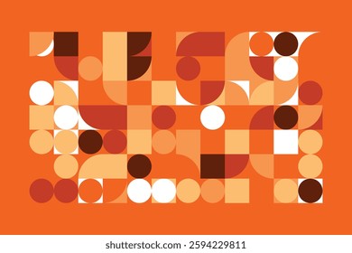 A modern geometric artwork with circles, squares, and curved shapes in warm orange, beige, and brown hues. The structured yet dynamic composition creates a sense of movement and balance.