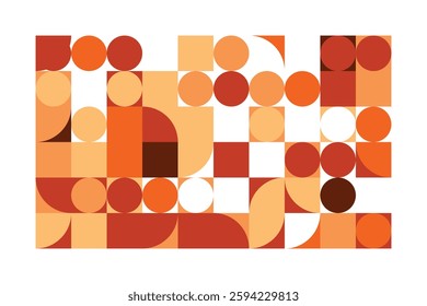 A modern geometric artwork with circles, squares, and curved shapes in warm orange, beige, and brown hues. The structured yet dynamic composition creates a sense of movement and balance.