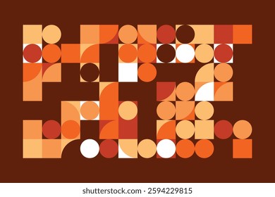 A modern geometric artwork with circles, squares, and curved shapes in warm orange, beige, and brown hues. The structured yet dynamic composition creates a sense of movement and balance.