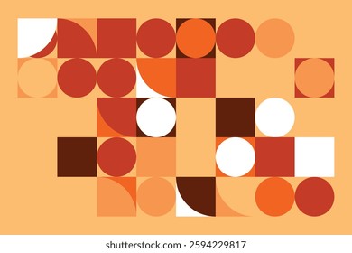 A modern geometric artwork with circles, squares, and curved shapes in warm orange, beige, and brown hues. The structured yet dynamic composition creates a sense of movement and balance.