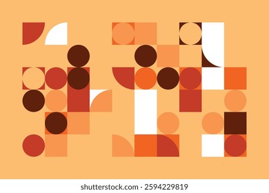 A modern geometric artwork with circles, squares, and curved shapes in warm orange, beige, and brown hues. The structured yet dynamic composition creates a sense of movement and balance.