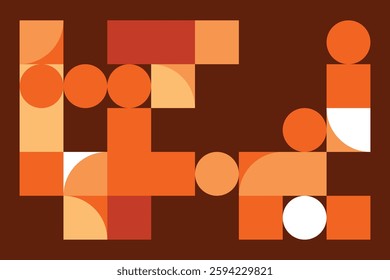 A modern geometric artwork with circles, squares, and curved shapes in warm orange, beige, and brown hues. The structured yet dynamic composition creates a sense of movement and balance.