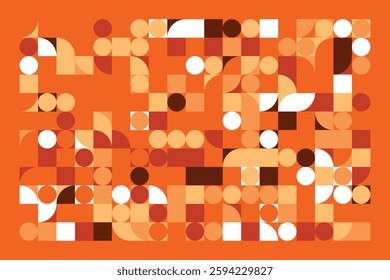 A modern geometric artwork with circles, squares, and curved shapes in warm orange, beige, and brown hues. The structured yet dynamic composition creates a sense of movement and balance.