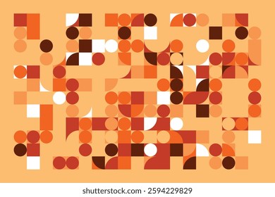 A modern geometric artwork with circles, squares, and curved shapes in warm orange, beige, and brown hues. The structured yet dynamic composition creates a sense of movement and balance.